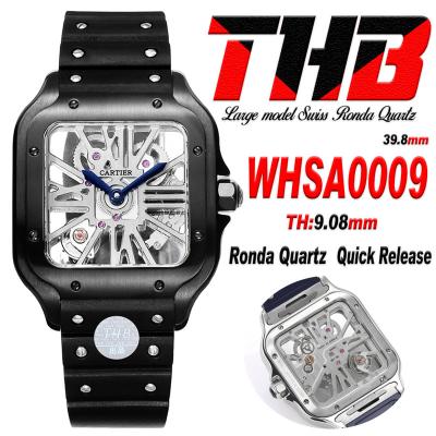 Santos WHSA0027 Large Model 39.8mm Swiss Ronda Quartz Mens Watch Best Edition THBF SS Skeleton Dial Leather CHS