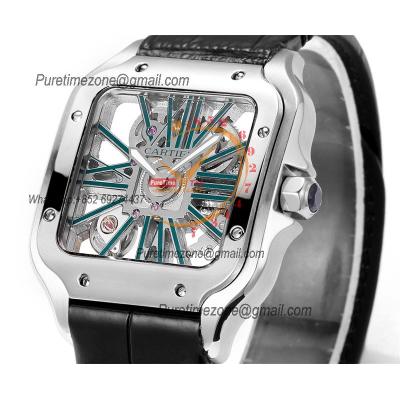 Santos WHSA0028 Large Model 39.8mm Swiss Ronda Quartz Mens Watch Best Edition THBF SS Skeleton Dial Leather CHS