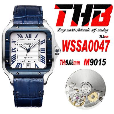 Santos WSSA0047 Large Model 39.8mm M9015 Automatic Mens Watch Best Edition THBF PVD Blue White Dial Leather CHS