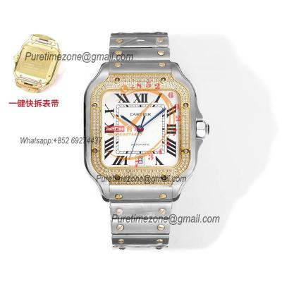 Santos W2SA0009 Large Model 39.8 M9015 Auto Mens Watch THBF Diamond Bezel YG White Dial SmartLink SS Bracelet