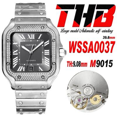 Santos WSSA0037 Large Model 39.8 M9015 Auto Mens Watch THBF Diamond Bezel Gray Dial SmartLink SS Bracelet