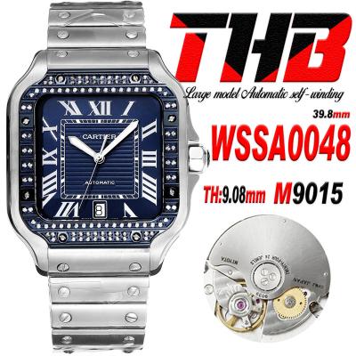 Santos WSSA0048 Large Model 39.8 M9015 Auto Mens Watch THBF Diamond Bezel Blue Dial SmartLink SS Bracelet