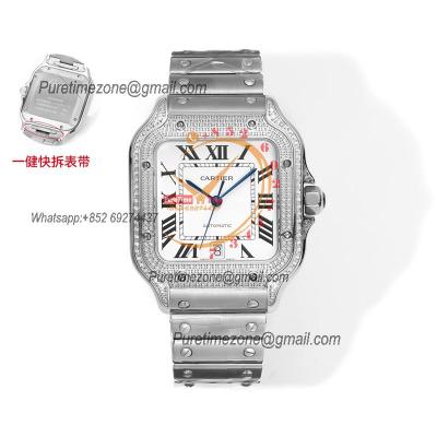 Santos WSSA0018 Large Model 39.8 M9015 Auto Mens Watch THBF Diamond Bezel White Dial SmartLink SS Bracelet CHS