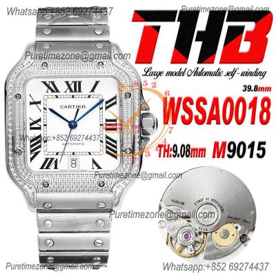 Santos WSSA0018 Large Model 39.8 M9015 Auto Mens Watch THBF Diamond Bezel White Dial SmartLink SS Bracelet CHS