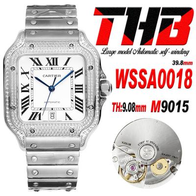 Santos WSSA0018 Large Model 39.8 M9015 Auto Mens Watch THBF Diamond Bezel White Dial SmartLink SS Bracelet CHS