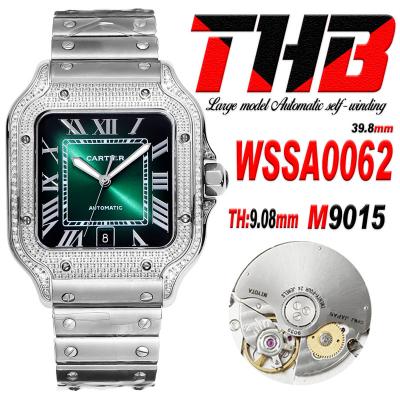 Santos WSSA0062 Large Model 39.8 M9015 Auto Mens Watch THBF Diamond Bezel Green Dial SmartLink SS Bracelet CHS