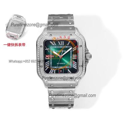 Santos WSSA0062 Large Model 39.8 M9015 Auto Mens Watch THBF Diamond Bezel Green Dial SmartLink SS Bracelet CHS