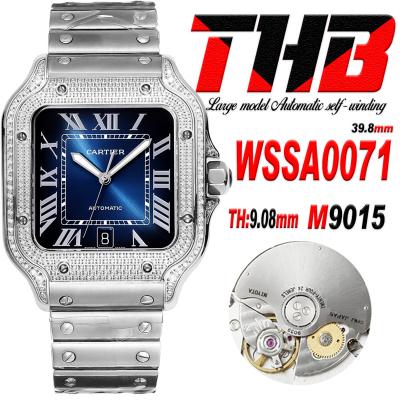 Santos WSSA0071 Large Model 39.8 M9015 Auto Mens Watch THBF Diamond Bezel Blue Dial SmartLink SS Bracelet CHS