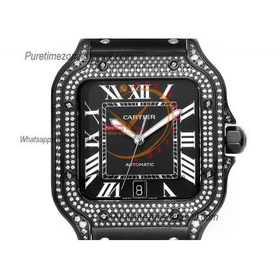 Santos WSSA0039 Large Model 39.8 M9015 Auto Mens Watch THBF Diamond Bezel DLC All Black Dial SmartLink SS Bracelet