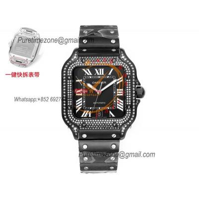 Santos WSSA0039 Large Model 39.8 M9015 Auto Mens Watch THBF Diamond Bezel DLC All Black Dial SmartLink SS Bracelet