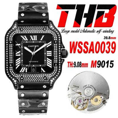 Santos WSSA0039 Large Model 39.8 M9015 Auto Mens Watch THBF Diamond Bezel DLC All Black Dial SmartLink SS Bracelet