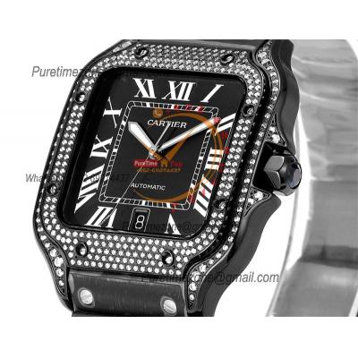 Santos WSSA0039 Large Model 39.8 M9015 Auto Mens Watch THBF Diamond Bezel DLC All Black Dial SmartLink SS Bracelet