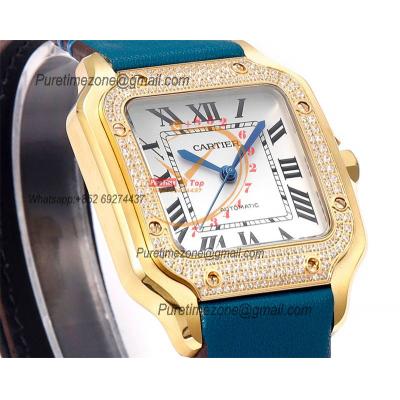 Santos WGSA0010 Medium Model 35.1mm M9015 Automatic Womens Watch Best Edition THBF YG Diamonds Bezel White Dial Leather