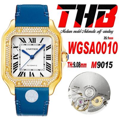 Santos WGSA0010 Medium Model 35.1mm M9015 Automatic Womens Watch Best Edition THBF YG Diamonds Bezel White Dial Leather