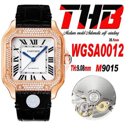 Santos WGSA0012 Medium Model 35.1mm M9015 Automatic Womens Watch Best Edition THBF RG Diamonds Bezel White Dial Leather