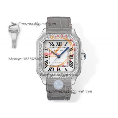 Santos WSSA0029 Medium Model 35.1mm M9015 Automatic Womens Watch Best Edition THBF Diamonds Bezel White Dial Leather