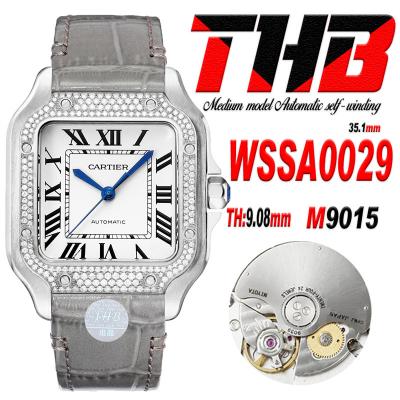 Santos WSSA0029 Medium Model 35.1mm M9015 Automatic Womens Watch Best Edition THBF Diamonds Bezel White Dial Leather