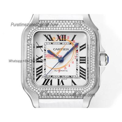 Santos WSSA0029 Medium Model 35.1mm M9015 Automatic Womens Watch Best Edition THBF Diamonds Bezel White Dial Leather