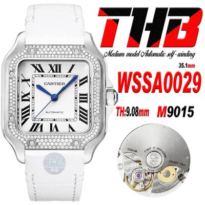 Santos WSSA0029 Medium Model 35.1mm M9015 Automatic Womens Watch Best Edition THBF Diamonds Bezel White Dial Leather