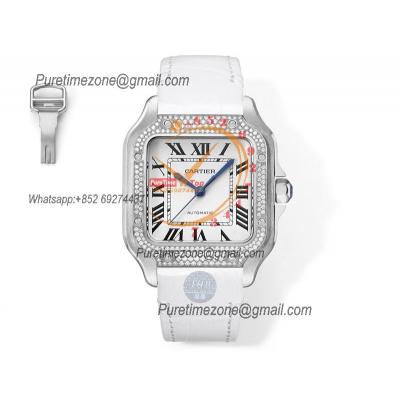 Santos WSSA0029 Medium Model 35.1mm M9015 Automatic Womens Watch Best Edition THBF Diamonds Bezel White Dial Leather