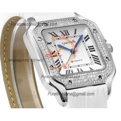 Santos WSSA0029 Medium Model 35.1mm M9015 Automatic Womens Watch Best Edition THBF Diamonds Bezel White Dial Leather