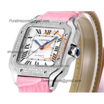 Santos WSSA0029 Medium Model 35.1mm M9015 Automatic Womens Watch Best Edition THBF Diamonds Bezel White Dial Leather