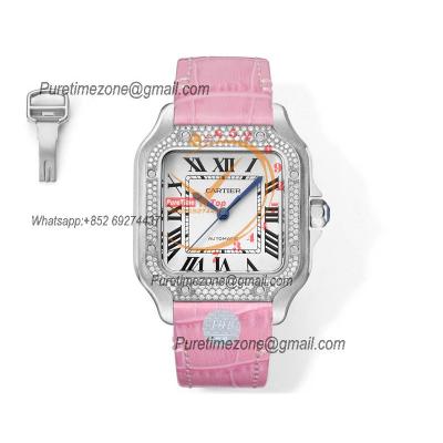 Santos WSSA0029 Medium Model 35.1mm M9015 Automatic Womens Watch Best Edition THBF Diamonds Bezel White Dial Leather