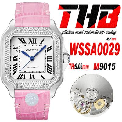 Santos WSSA0029 Medium Model 35.1mm M9015 Automatic Womens Watch Best Edition THBF Diamonds Bezel White Dial Leather