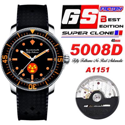 Fifty Fathoms 5008D No Rad A1151 Automatic Mens Watch Best Edition GSF 40mm  Black Dial Rubber Strap CHS