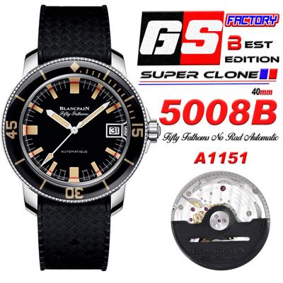 Fifty Fathoms 5008B Barakuda A1151 Automatic Mens Watch Best Edition GSF 40mm Black Dial Rubber Strap CHS