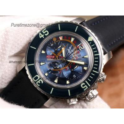 Fifty Fathoms 5058F A7750 Automatic Chronograph Mens Watch Best Edition OMF 45 SS Blue Dial Nylon Strap CHS