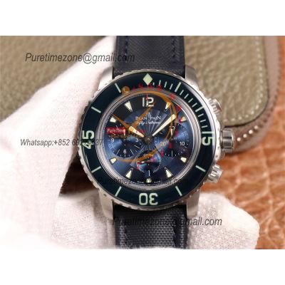 Fifty Fathoms 5058F A7750 Automatic Chronograph Mens Watch Best Edition OMF 45 SS Blue Dial Nylon Strap CHS