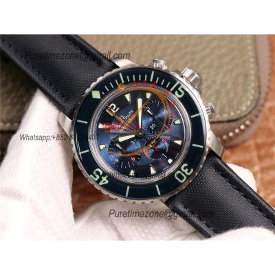 Fifty Fathoms 5058F A7750 Automatic Chronograph Mens Watch Best Edition OMF 45 SS Blue Dial Nylon Strap CHS