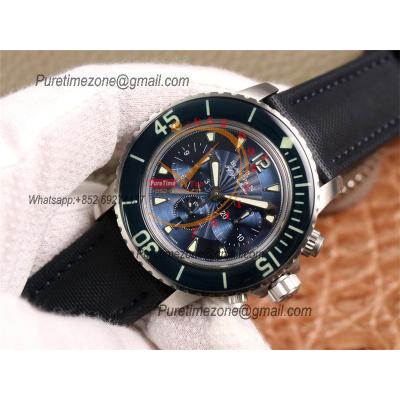 Fifty Fathoms 5058F A7750 Automatic Chronograph Mens Watch Best Edition OMF 45 SS Blue Dial Nylon Strap CHS