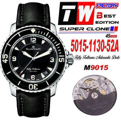 Fifty Fathoms 5015-1130-52A M9015 Automatic Mens Watch Best Edition TWF 45mm SS Black Dial Sail-Canvas Strap CHS