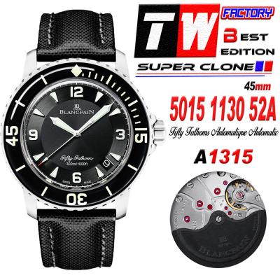 Fifty Fathoms Automatique 5015 M9015 Automatic Mens Watch Best Edition TWF 45mm SS Black Dial Leather CHS