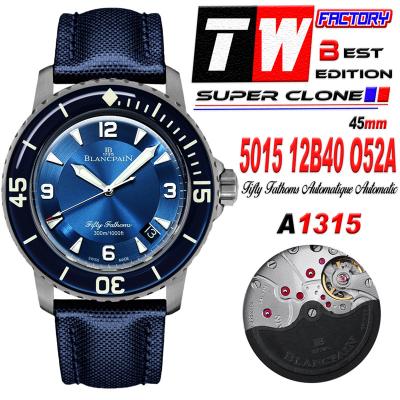 Fifty Fathoms Automatique 5015 M9015 Automatic Mens Watch Best Edition TWF 45mm Titanium Blue Dial Leather CHS