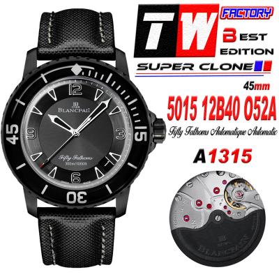 Fifty Fathoms Automatique 5015 M9015 Automatic Mens Watch Best Edition TWF 45mm DLC All Black Dial Leather CHS