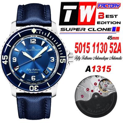 Fifty Fathoms Automatique 5015 M9015 Automatic Mens Watch Best Edition TWF 45mm SS Blue Dial Leather CHS