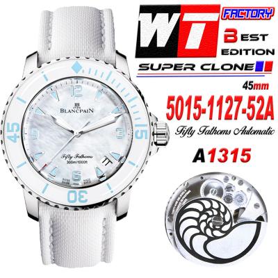 Fifty Fathoms 5015 A1315 Automatic Womens Watch Best Edition TWF 45mm SS MOP Blue Dial Leather Ladies