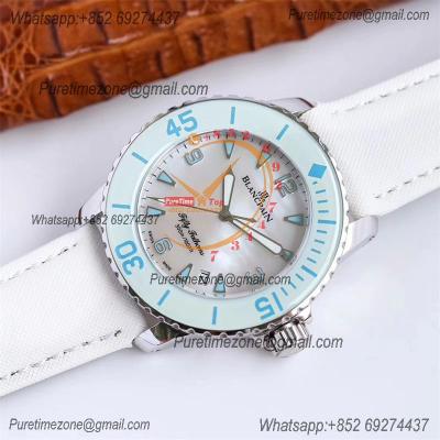 Fifty Fathoms 5015 A1315 Automatic Womens Watch Best Edition TWF 45mm SS MOP Blue Dial Leather Ladies