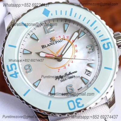 Fifty Fathoms 5015 A1315 Automatic Womens Watch Best Edition TWF 45mm SS MOP Blue Dial Leather Ladies