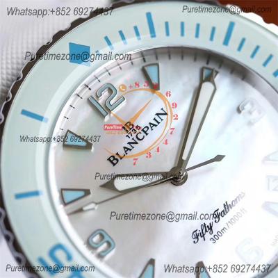 Fifty Fathoms 5015 A1315 Automatic Womens Watch Best Edition TWF 45mm SS MOP Blue Dial Leather Ladies