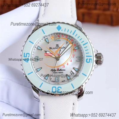 Fifty Fathoms 5015 A1315 Automatic Womens Watch Best Edition TWF 45mm SS MOP Blue Dial Leather Ladies