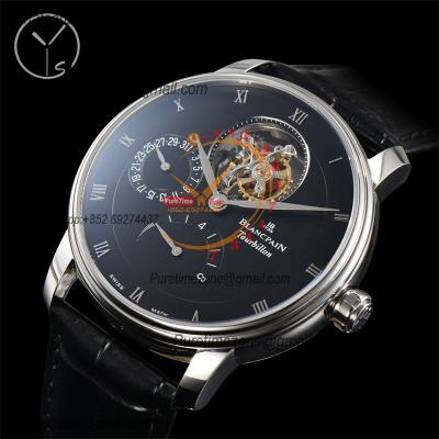 Villeret 6025 Real Tourbillon Hand Winding Mechanical Mens Watch Best Edition YSF 42.5mm SS Black Dial Leather CHS