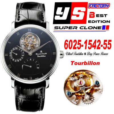 Villeret 6025 Real Tourbillon Hand Winding Mechanical Mens Watch Best Edition YSF 42.5mm SS Black Dial Leather CHS