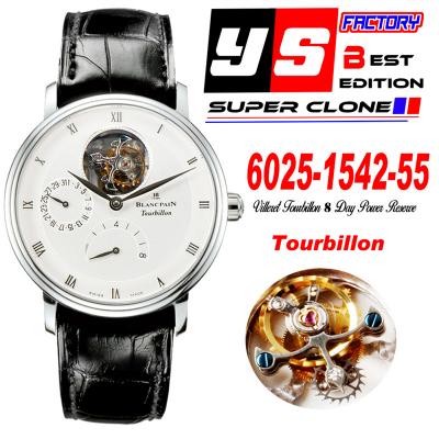 Villeret 6025 Real Tourbillon Hand Winding Mechanical Mens Watch Best Edition YSF 42.5mm SS White Dial Leather CHS