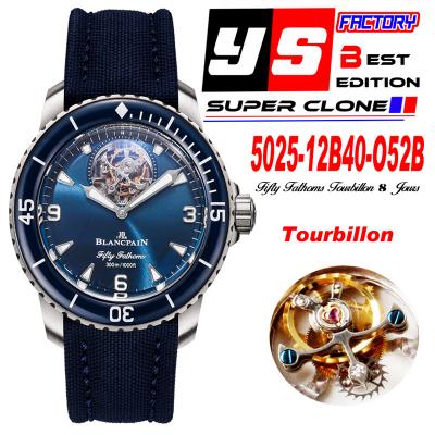 Fifty Fathoms 5025 Real Tourbillon 8 Jours Automatic Mens Watch Best Edition YSF 45mm SS Blue Dial Leather CHS