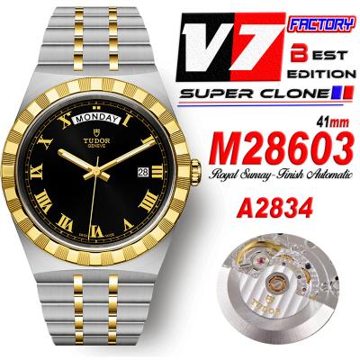 Royal M28603 A2834 Automatic Mens Watch Best Edition V7F 41mm YG Black Roman Dial Stainless Steel Bracelet CHS