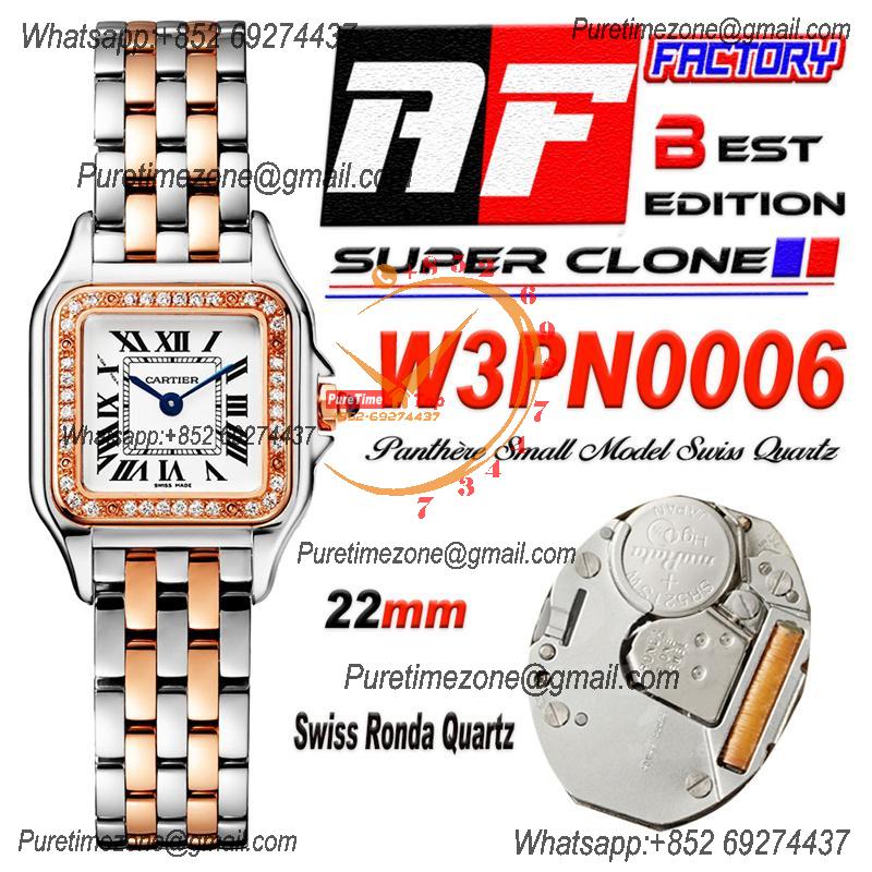 Panthère Small Model W3PN0006 Ronda Quartz Womens Watch Best Edition AF 22mm RG Diamonds Bezel White Dial SS Bracelet